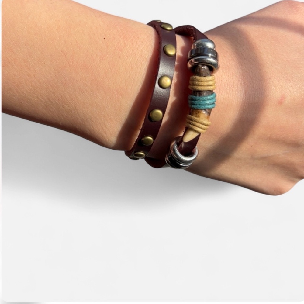 Mas💎Gift Handcrafted Genuine Leather Wrap Bracelet Unisex Boho Brown adjustable